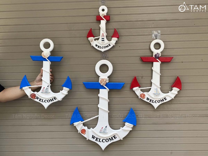 Mỏ neo gỗ Welcome quấn dây thừng đính phụ kiện [3 Size - 2 màu] C32-50-67cm MONEO-05